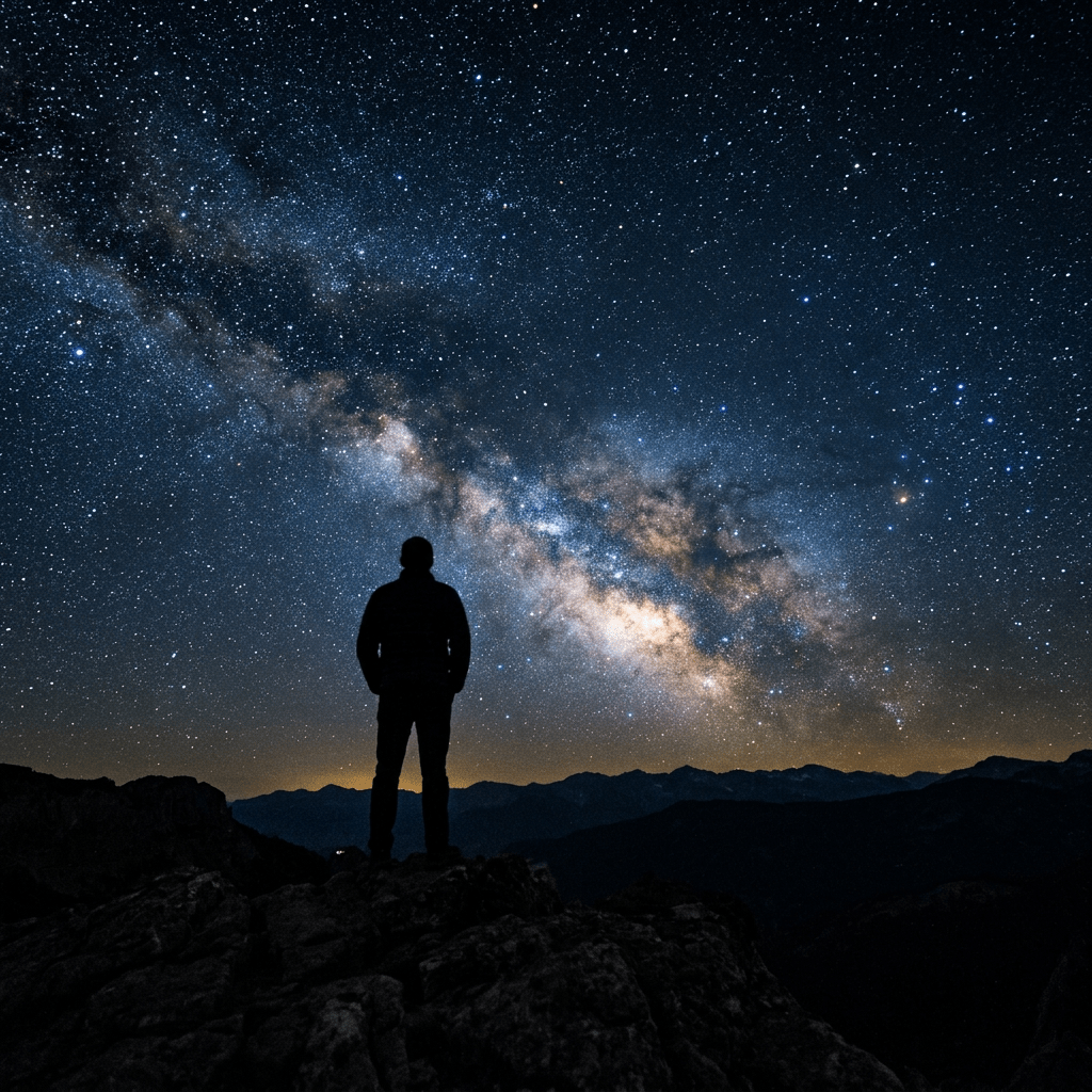 Silhouette of a person standing on rocks looking at the Milky Way galaxy overhead at night